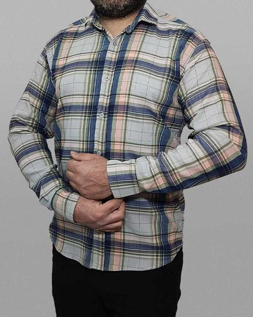 پیراهن مردانه آستین بلند چهارخانه آبی طوسی مدل 1357